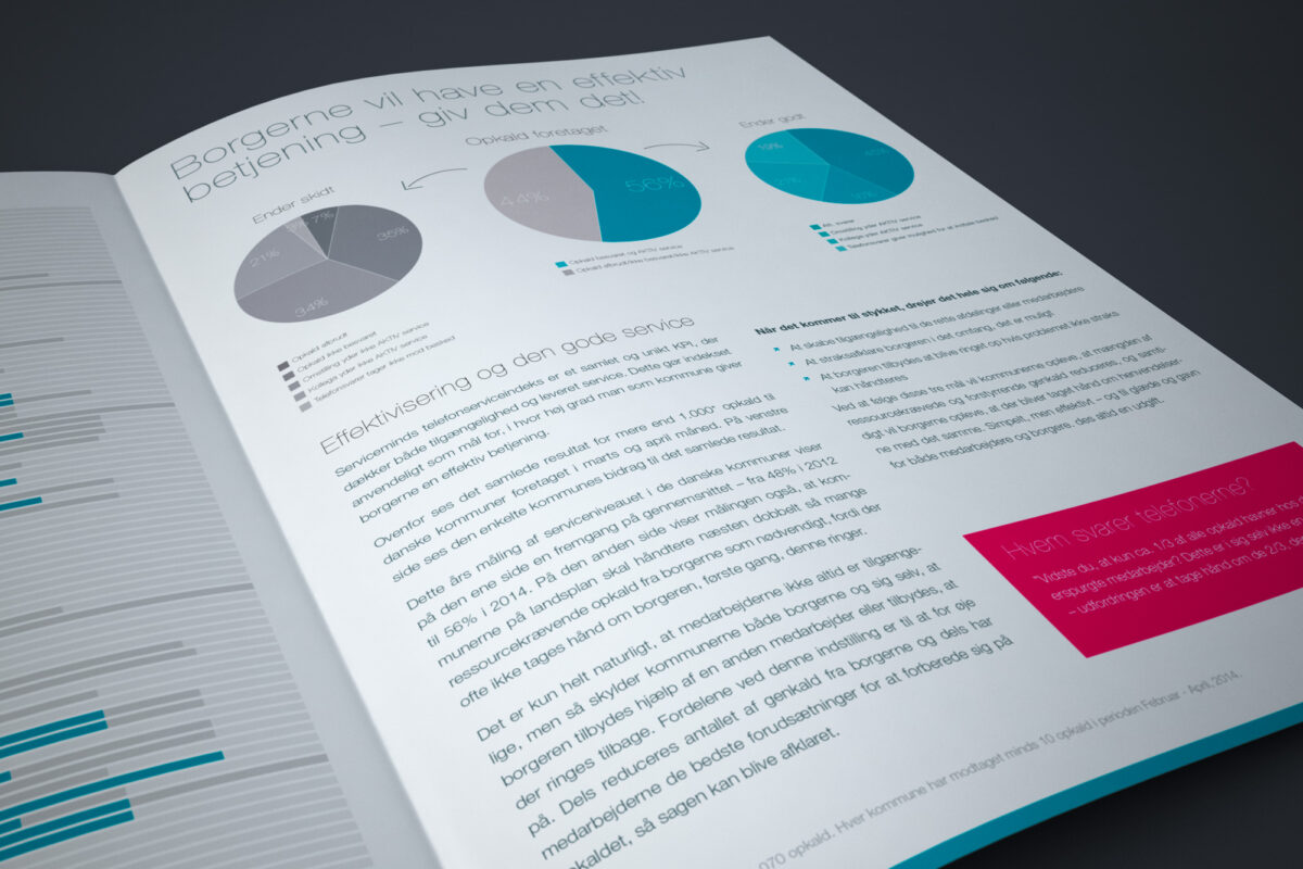 Closeup af Kommune Rapporten 2014, udarbejdet af wireframed til Servicemind, med statistik over kommunernes telefonservice kvalitet.